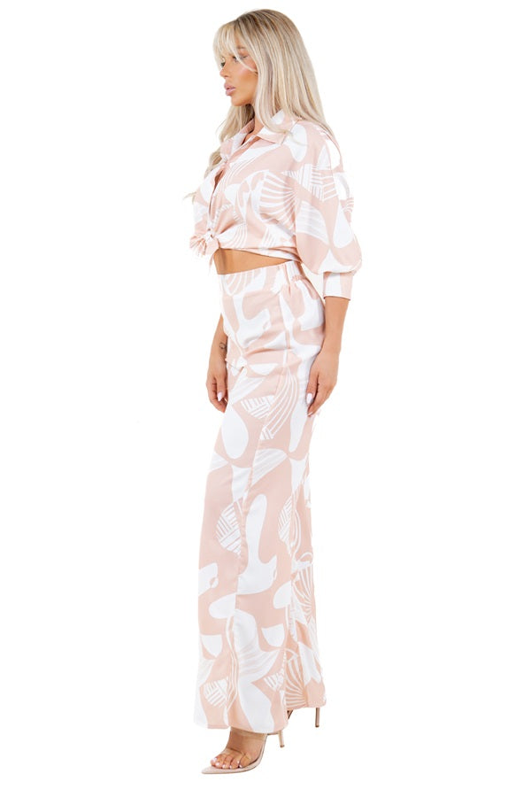 Abstract Print Pants Set- Button Down Blouse & Straight Leg Elastic Back Pants