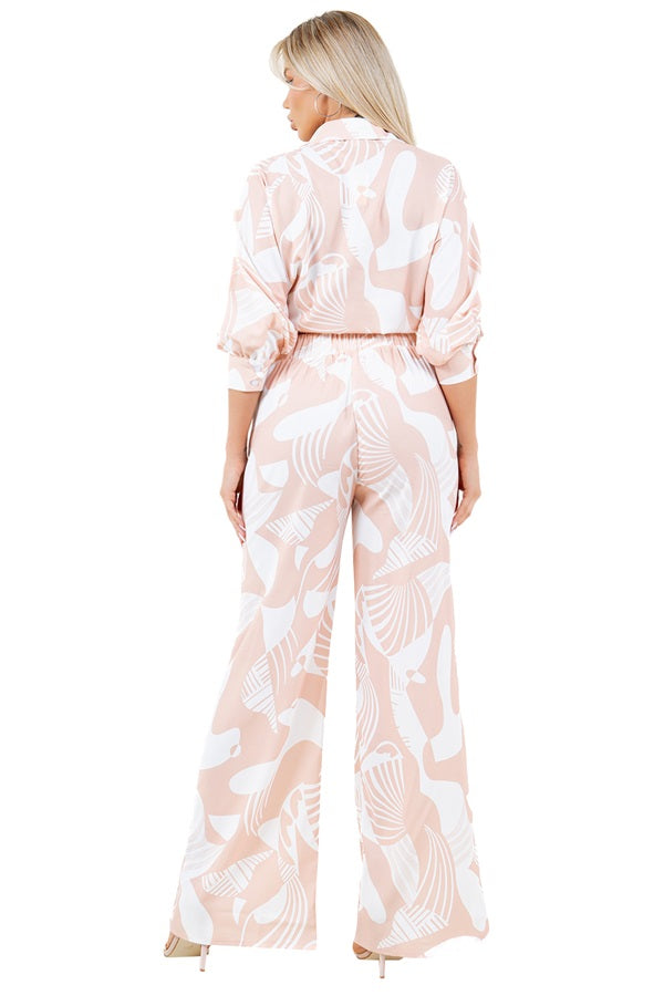 Abstract Print Pants Set- Button Down Blouse & Straight Leg Elastic Back Pants