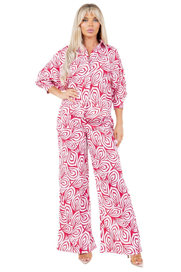 Swirl Floral Print Pants Set - Button Down Blouse & Straight Leg Elastic Back Pants