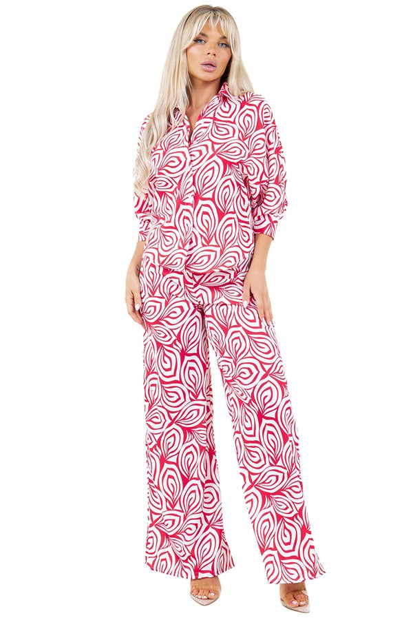 Swirl Floral Print Pants Set - Button Down Blouse & Straight Leg Elastic Back Pants