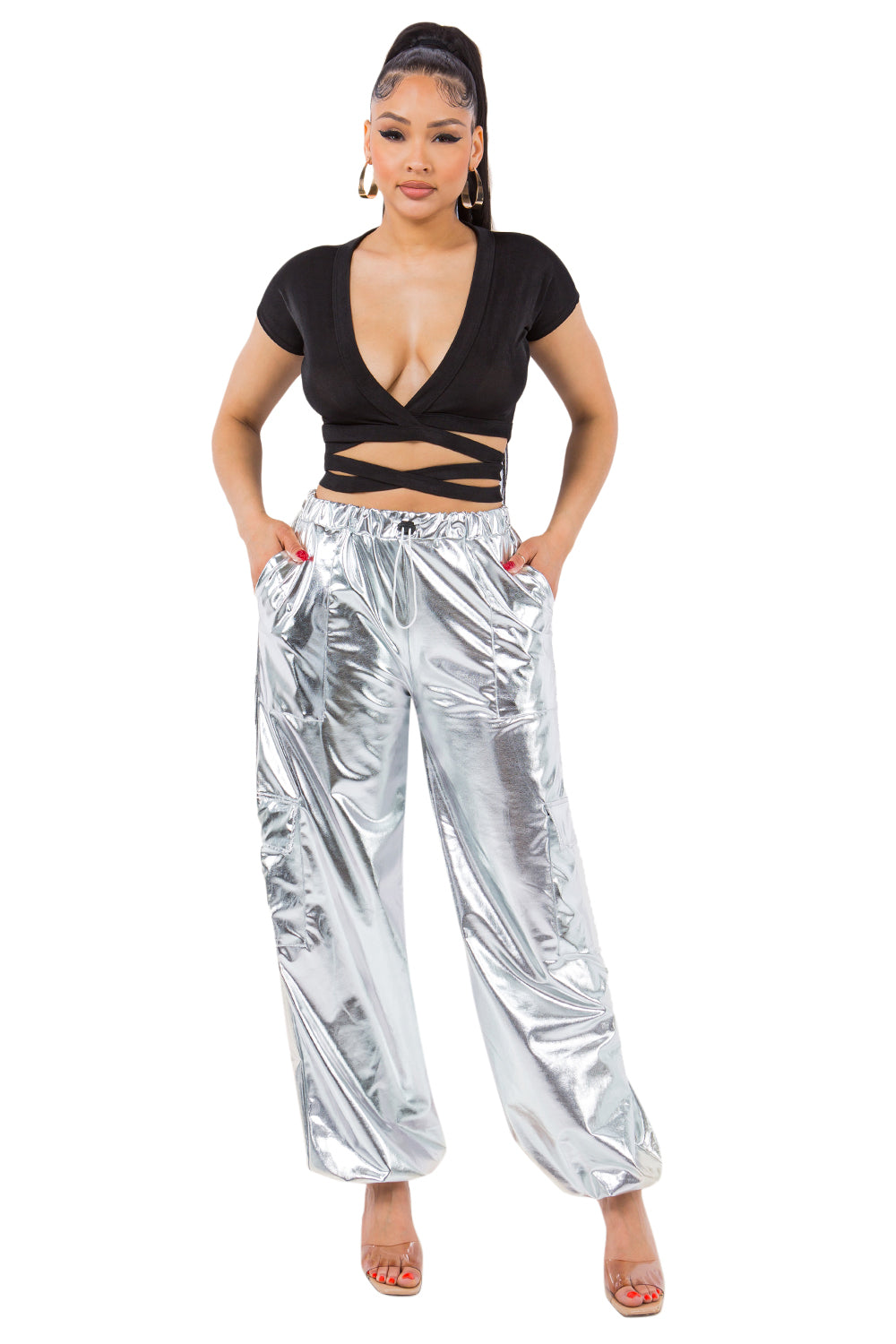 Glamorous Metallic Silver High-Waist Jogger Pants