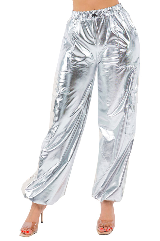 Glamorous Metallic Silver High-Waist Jogger Pants