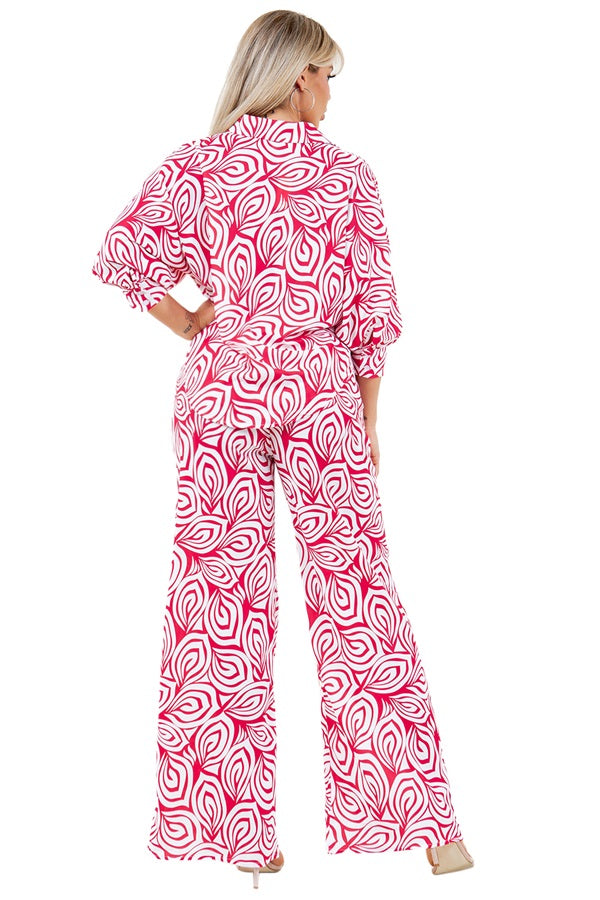 Swirl Floral Print Pants Set - Button Down Blouse & Straight Leg Elastic Back Pants