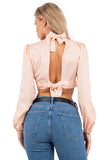 Checkered Open-Back Blouse with Elegant Bow