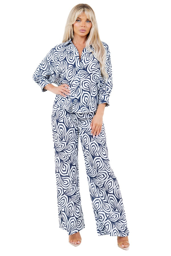 Swirl Floral Print Pants Set - Button Down Blouse & Straight Leg Elastic Back Pants