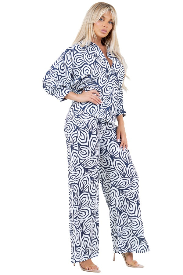 Swirl Floral Print Pants Set - Button Down Blouse & Straight Leg Elastic Back Pants