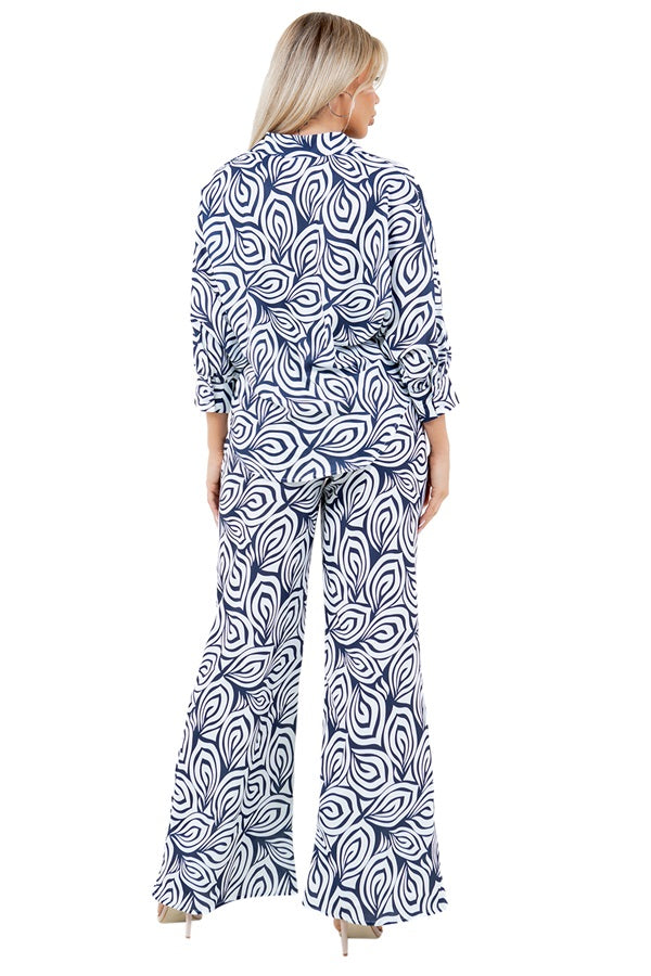 Swirl Floral Print Pants Set - Button Down Blouse & Straight Leg Elastic Back Pants