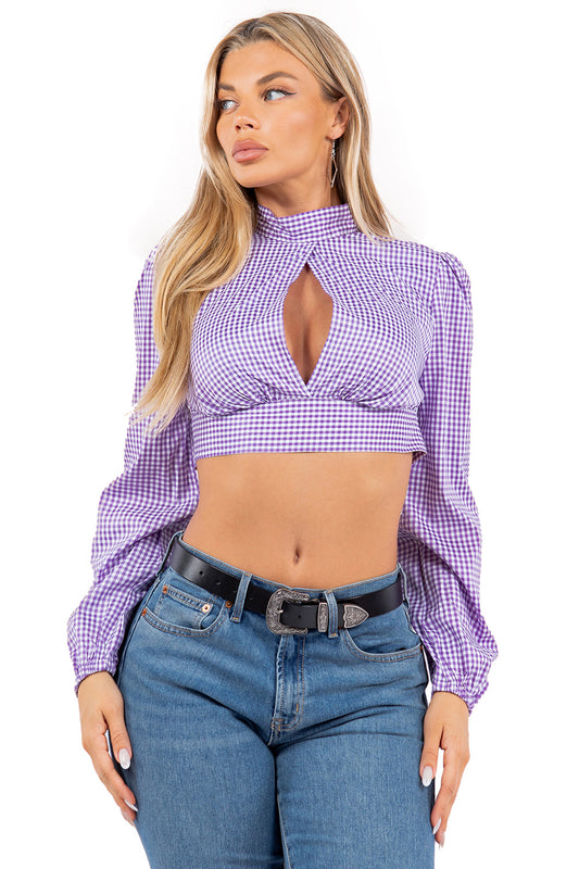 PE-3600 Checkered Open-Back Blouse with Elegant Bow