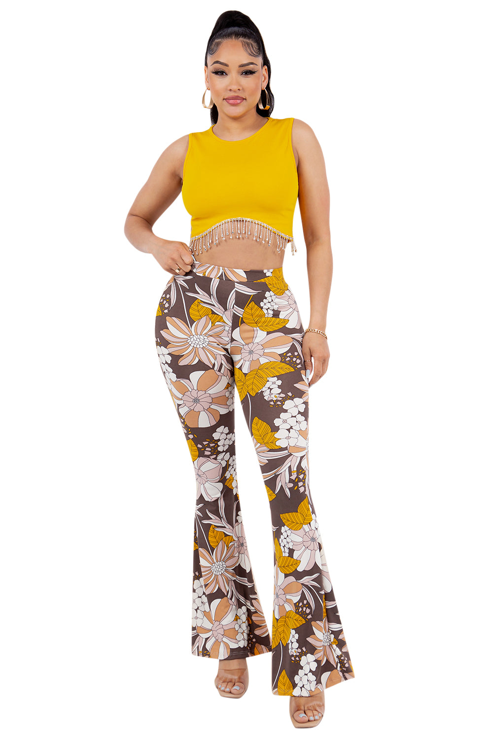 Women's Floral Print Stretchy Bell Bottom Flare Pants