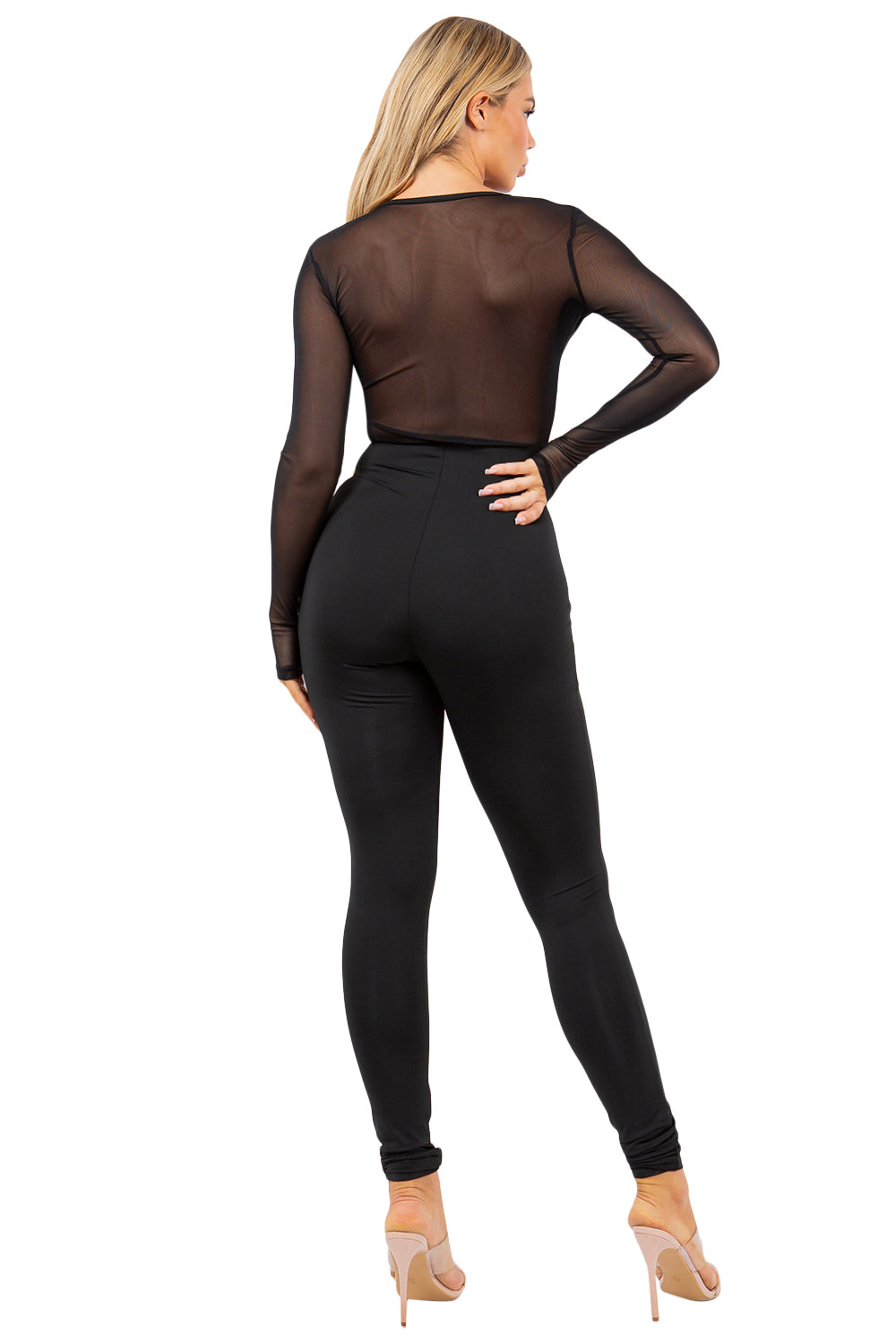 Women's Elegant Stretch Long Sleeve Jumpsuit with Sheer Mesh Details and Front Zipper V-Neck Design