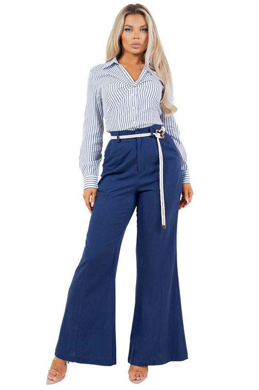 LINEN BELL BOTTOMS PANTS WITH ROPE BELT