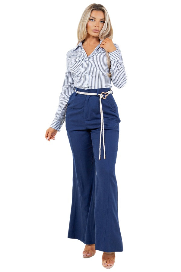 LINEN BELL BOTTOMS PANTS WITH ROPE BELT