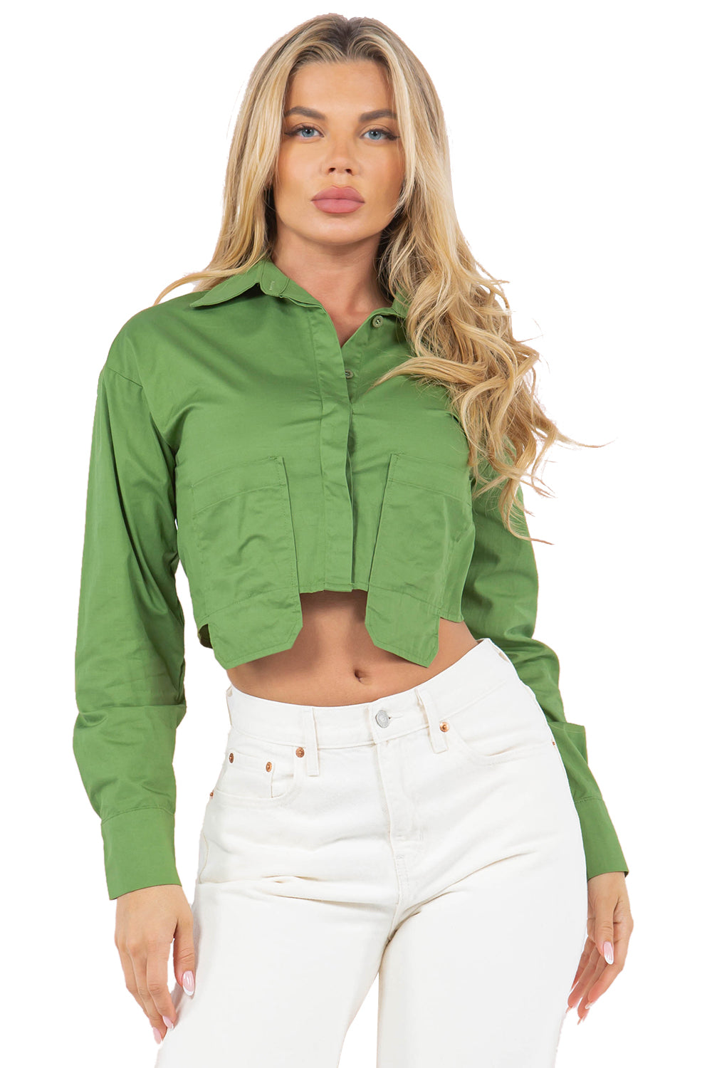 Front Cargo Pocket Long Sleeve Button-Down Cropped Blouse