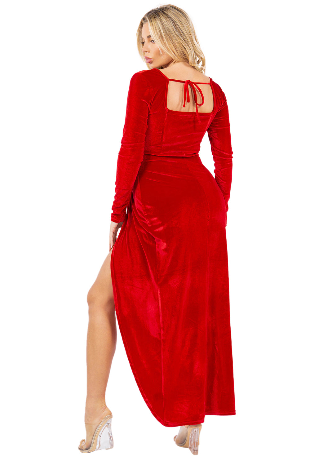 Women's Velvet Side Slit Evening Gown with Cut-Out Detail and Extended Sleeves