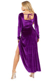 Women's Velvet Side Slit Evening Gown with Cut-Out Detail and Extended Sleeves