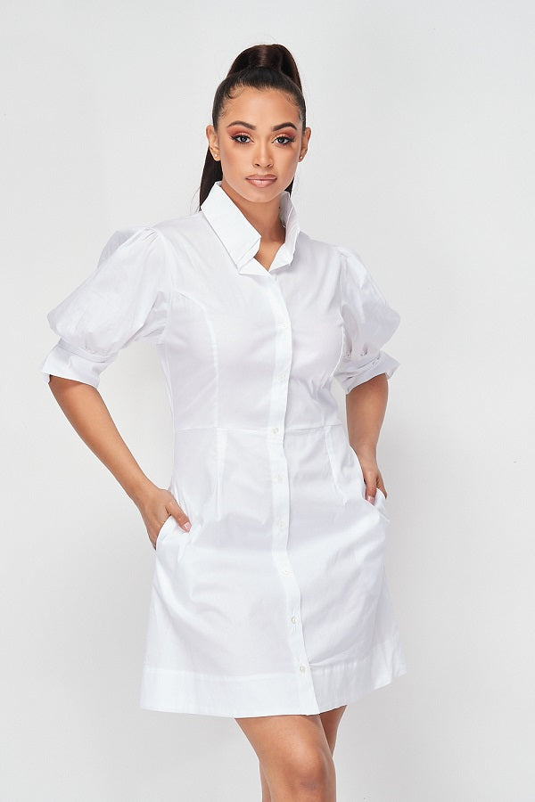 PE-3208 l BUTTON DOWN SHIRT DRESS WITH SIDE POCKETS