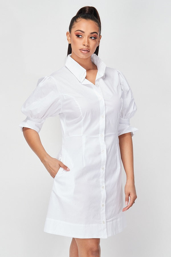 PE-3208 l BUTTON DOWN SHIRT DRESS WITH SIDE POCKETS