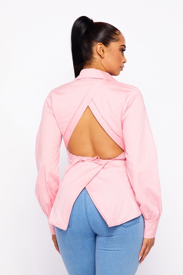 PE-3276 | SOLID SHIRT OPEN BACK BLOUSE